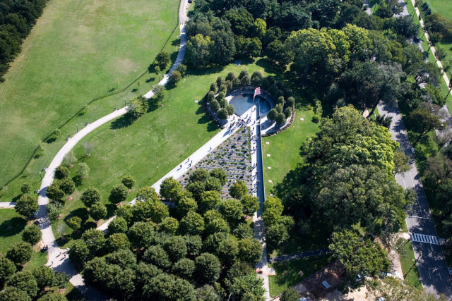 An aerial view of the Korean War memorial located in Washington, D.C.