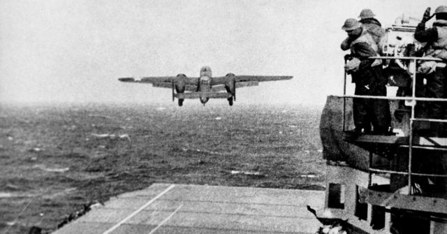 B-25B Mitchell bomber takes off from the aircraft carrier USS Hornet (CV-8) during the "Doolittle Raid".
