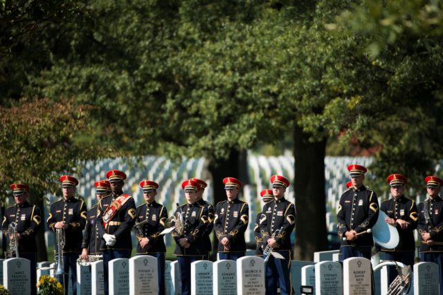 Members of The U.S. Army Band, “Pershing’s Own,” participate for U.S. Air Force 1st Lt. Donald Beals at in Arlington National Cemetery, Oct. 17, 2016, in Arlington, Va. Beals died when his single-seat P-47D “Thunderbolt” was struck by intense anti-aircraft fire above Lonnewitz, Germany on April 17, 1945. His remains were recently recovered and identified. (U.S. Army photo by Rachel Larue/Arlington National Cemetery/released)