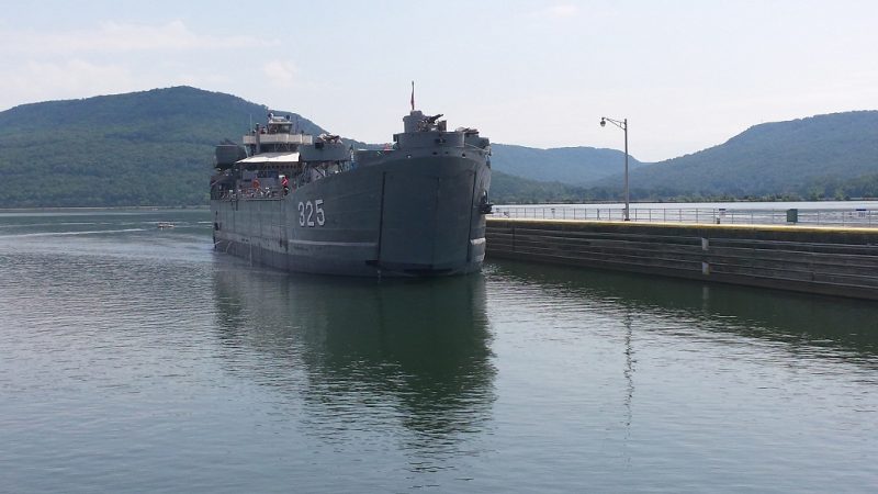 Navy vessel LST 325 enters Nickajack Lock Sept. 18, 2014. (USACE photo by Paul Weaver)