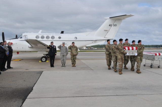 Aviators from the Army Reserve Aviation Command assisted in the transfer of remains of U.S. Soldiers from the Mexican-American War. The multi-day mission required the aviators to fly into Monterrey, Mexico to retrieve the remains and then transport them to Dover Air Force Base for a Dignified Transfer Ceremony led by the U.S. Army’s Old Guard, Sept. 28. (U.S. Army Photo by Capt. Matthew Roman, Army Reserve Aviation Command Public Affairs Officer)
