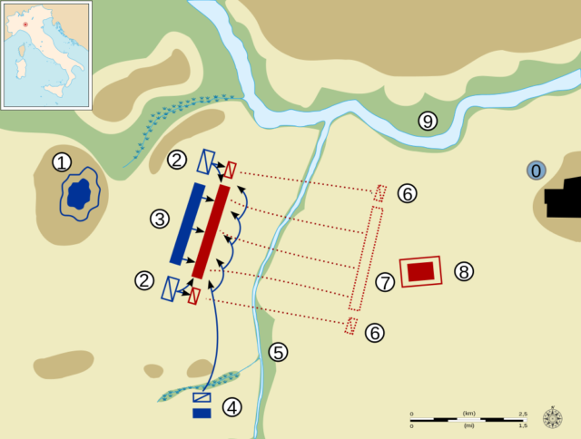 At Trebia, Hannibal arrayed his army with Gauls in the center and his Africans on the wings and used elephants and hidden cavalry to great effect.