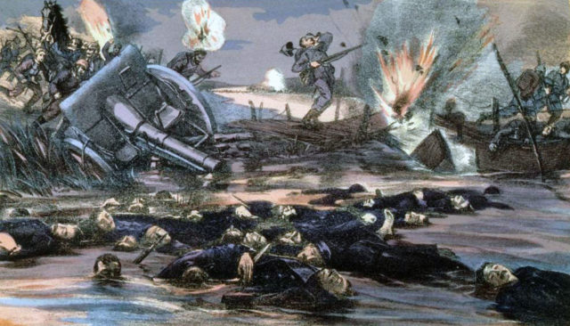 A well done, haunting representation of the Battle of Yser, showing the sheer amount of struggling and death involved.