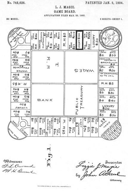 First page of patent submission for first version of Lizzie Magie's board game, granted on January 5, 1904.