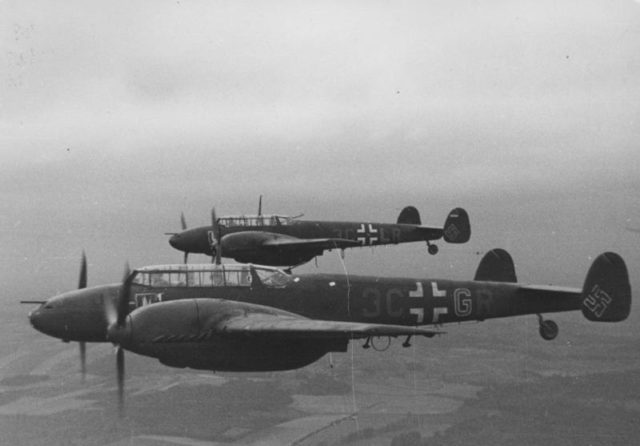 A pair of Messerschmitt Me-110's over France. These heavy fighters carried a wide array of weapons, and early on proved to be a danger to any allied fighter caught off guard. 