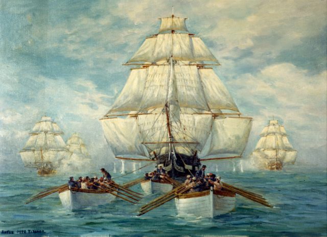 Constitution being chased during July, 1812. The chase lasted several days, but Constitution eventually won out, thanks in no small part to her superior speed. Image source: Wikimedia Commons/ public domain
