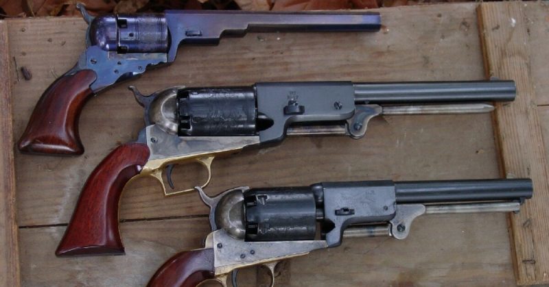 Uberti Percussion revolver including top to bottom, Colt Paterson, Colt Walker, Colt 3rd Variation Revolving Holster Pistol (Dragoon). By Michael E. Cumpston - CC BY-SA 3.0