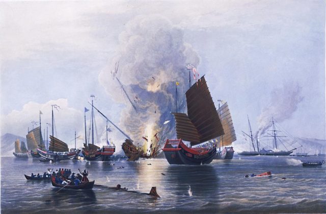British trading companies destroying Chinese junks during the first Opium War.