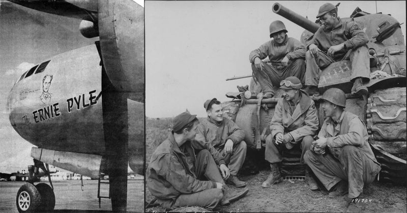 Pyle with a crew from the US Army's 191st Tank Battalion, and the Ernie Pyle Boeing B-29 in 1944.