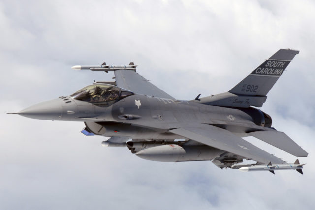 F-16 pilot from the 169th Fighter Wing, South Carolina Air National Guard flies a training mission in the KIWI MOA airspace over the cost of North Carolina Cost.