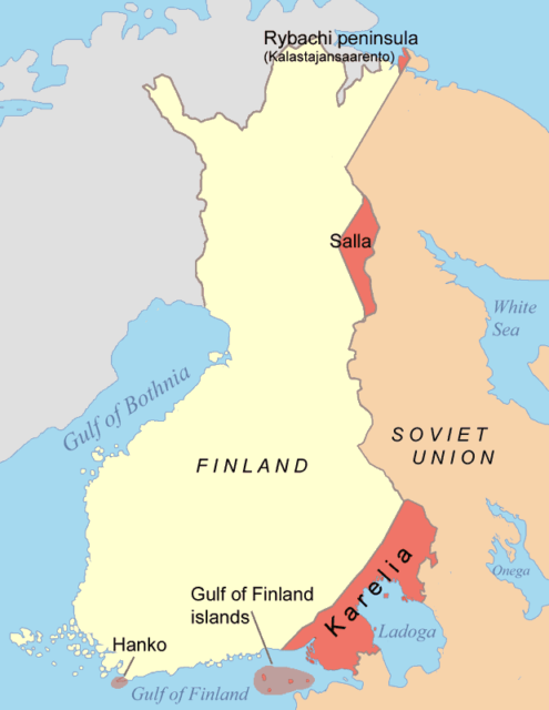 The parts in red were territories Finland lost to the Soviet Union after the Winter War