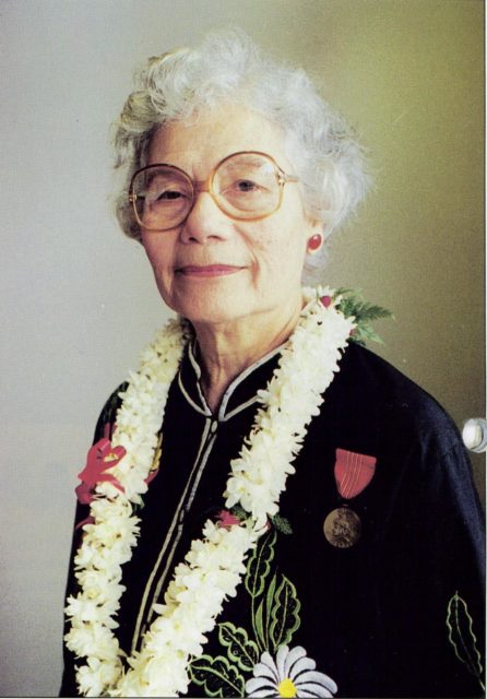 Florence Ebersole Smith Finch (Finch from her 2nd marriage) in 1995 at 80 years old. She has always been very proud of her service o her fellow Americans and Filipinos during the war. Image Source: USCG.mil/ public domain.