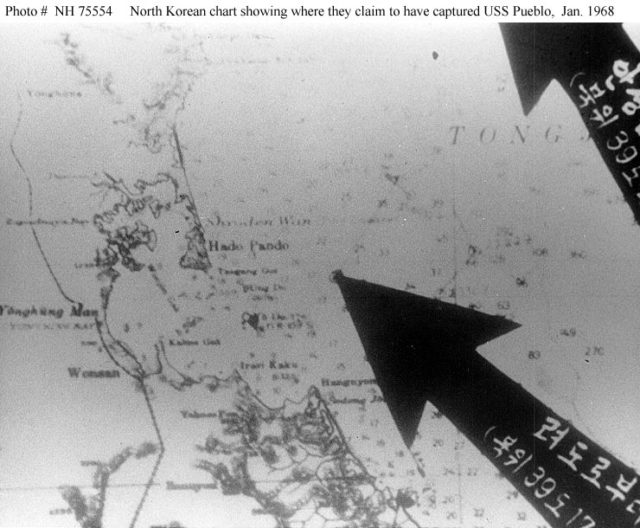 Course of the USS Puelbo, which put it in North Korean waters according to the North Korean government