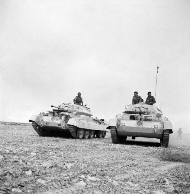 Crusader I tanks in Western Desert, 26 November 1941, with an auxiliary Besa MG turret.