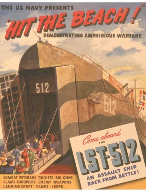 LST-512as a recruiting and bond drive tool in 1945. IT had been used at D-Day and was then docked in New York harbor. It seemed a fitting place to enlist in the military for Florence. Image Source: Wikimedia Commons/ public domain.