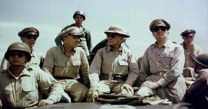 Kenney (circle), Richard Sutherland, Sergio Osmeña and Douglas MacArthur off Leyte, October 1944.