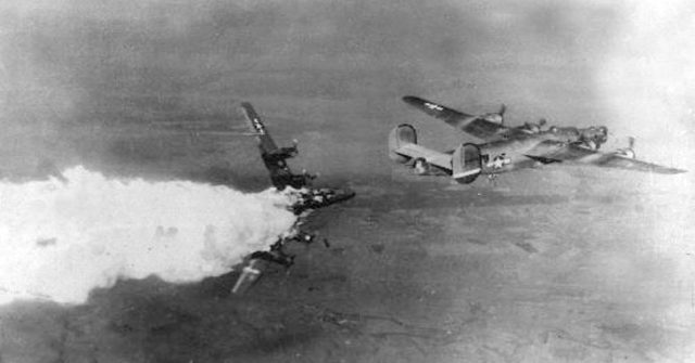 Lt. Col. Lokker’s aircraft exploding over the Blechhammer South.Photo Credit: via James Althoff