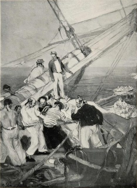 The view from the deck during the chase. This is likely a depiction of kedging, the crew onboard are preparing the anchor to be carried forward by one of the boats. Image Source: wikimedia commons/ Public Domain