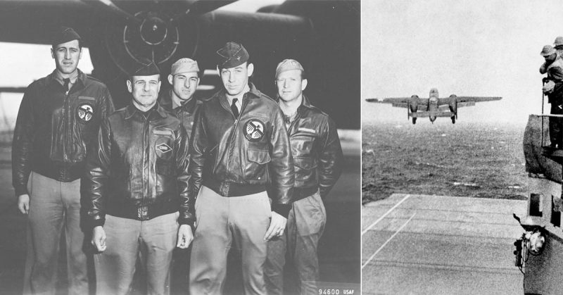 Crew No. 1 in front of B-25 on the deck of USS Hornet, with copilot Lt. Richard E. Cole,18 April 1942