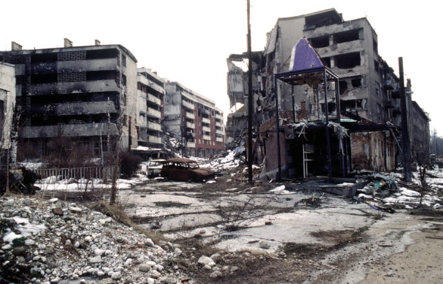 Damage near Vrbanja bridge in the Grbavica district during the Siege of Sarajevo in Bosnia-Herzegovina Photo Credit