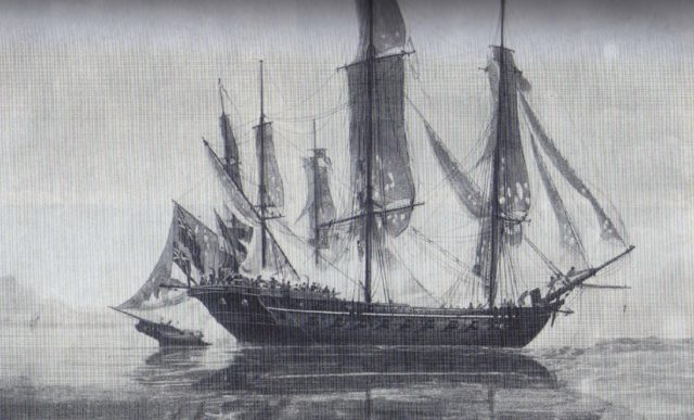 The wrecked Xebec El Gamo, with speedy on her opposite side. Image Source: wikimedia commons/ public domain.
