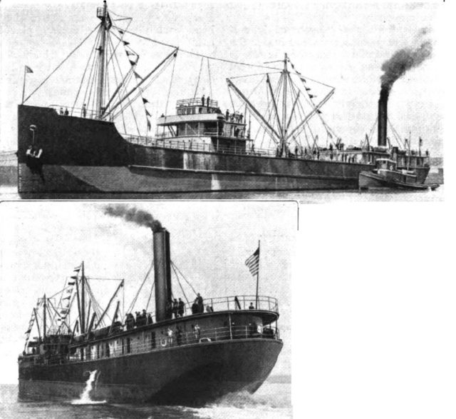 Photograph of the SS Faith, the first ship built of concrete in the United States, soon after launch in 1918.