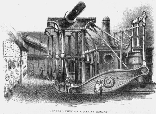 SS Humboldt Engine Room, illustrated in Harper's New Monthly Magazine, No. XII, May 1851, Vol. II.