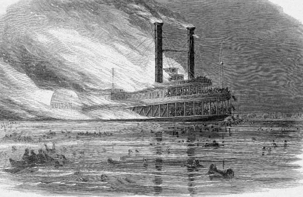 The Sultana on fire, from Harpers Weekly.