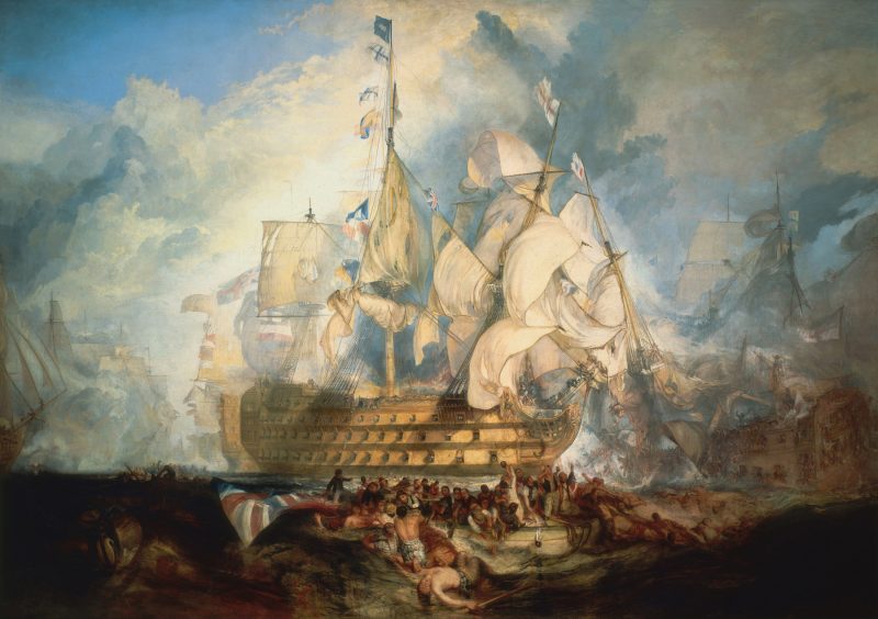 A dramatized view of Nelson's flagship, HMS Victory, a 104 gun 1st rate, during the battle of Trafalgar.