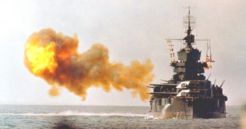American battleship USS Idaho shells Okinawa on 1 April 1945.