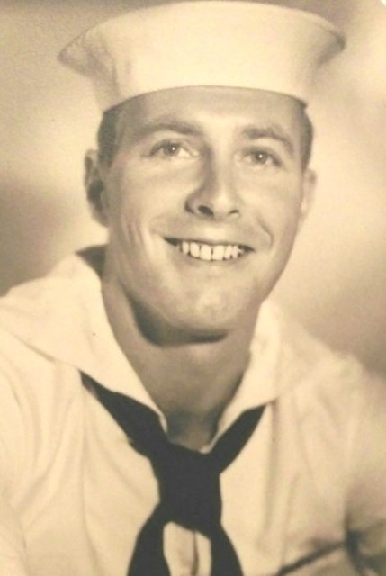 Walther is pictured in his naval uniform while serving aboard the USS AFDM-8 in Guam in 1954. Courtesy of Vernon Walther.