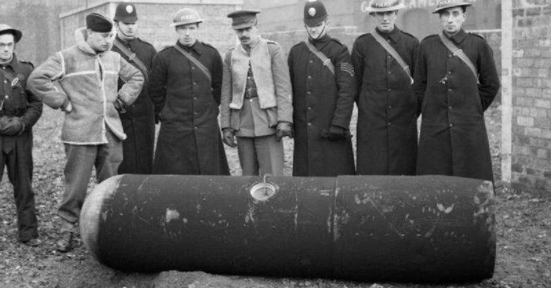 A defused, German 1000kg Luftmine (Parachute mine). Glasgow, 18 March 1941.