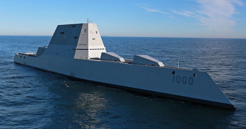 USS Zumwalt. <a href=https://commons.wikimedia.org/w/index.php?curid=45537403>Photo Credit</a>
