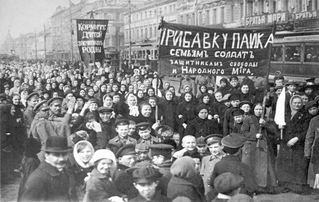 Scenes of Russian protesters during the February Revolution in what is now St. Petersburg.