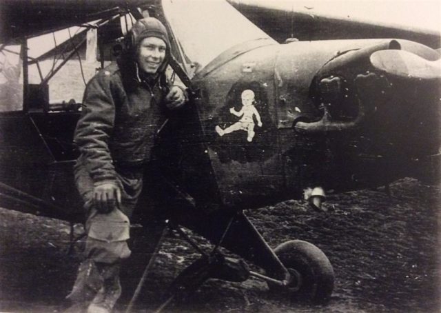 Pilot Charles Rogers was known as a "Grasshopper pilot." He'd fly this Piper Cub at treetop levels, unarmed, to map out where the German armies were located. He was constantly under fire, explaining he "Never flew the same way back, zig-zagging, climbing and descending all the way back to base."