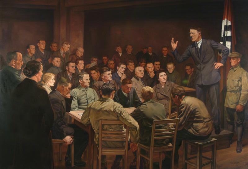 German artist Hermann Otto Hoyer, In the Beginning Was the Word, ca. 1937. <a href=https://www.ushmm.org/information/press/press-kits/traveling-exhibitions/state-of-deception/hermann-otto-hoyer-in-the-beginning-was-the-word>Photo Credit</a>: USHMM/National Archives and Records Administration, College Park, Md.