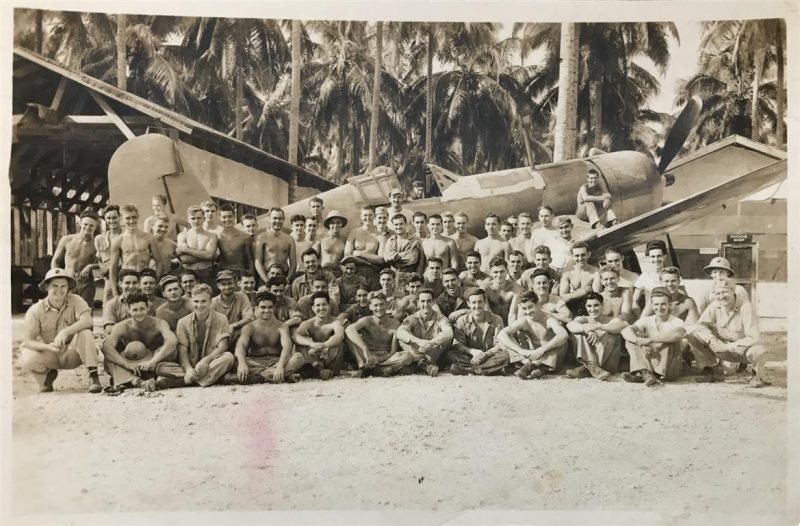 Mechanic-turned-gunner Marine Al Pinard (standing 4th l-r) flew as a gunner in a SBD dive-bomber in the South Pacific. He and his pilot would 
