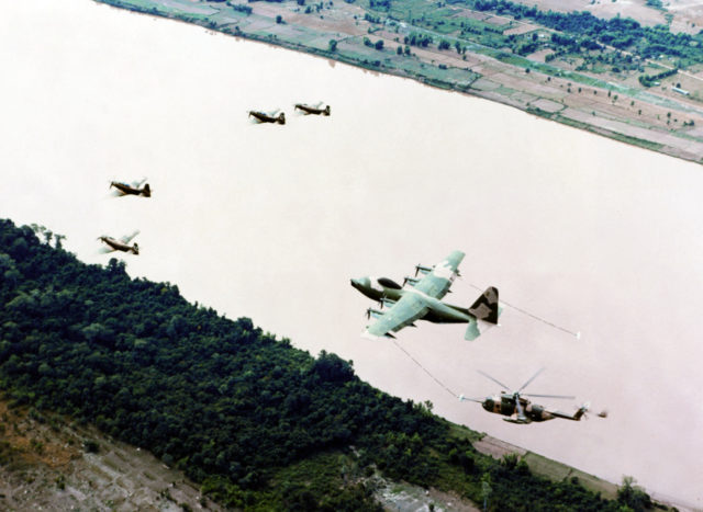 A flight from the 37th ARRS flying towards a rescue site. With in flight refueling, the HH-3Es could fly incredibly long distances.