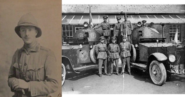 Left: Hugh Grosvenor, 2nd Duke of Westminster; Right: Rolls-Royce armoured cars used during the Irish Civil War; Same model was Duke's weapon of choice.