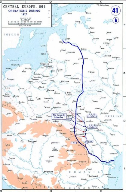 A U.S. map of the Eastern Front, showing the Kerensky Offensive. 1917.