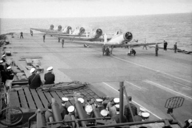 Blackburn Skuas of the No 800 Squadron Fleet Air Arm preparing to take off from the Ark Royal to drop sea mines at the mouth of Mers-el-Kébir Photo Credit
