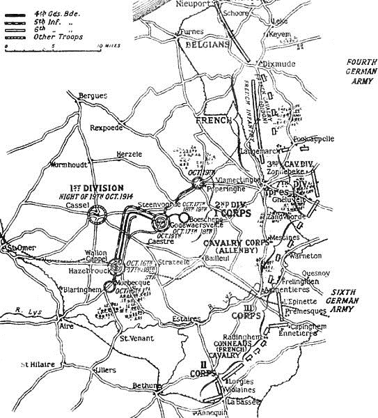 Diagram showing the positions of Allied and German armies in Flanders on 19 October 1914.