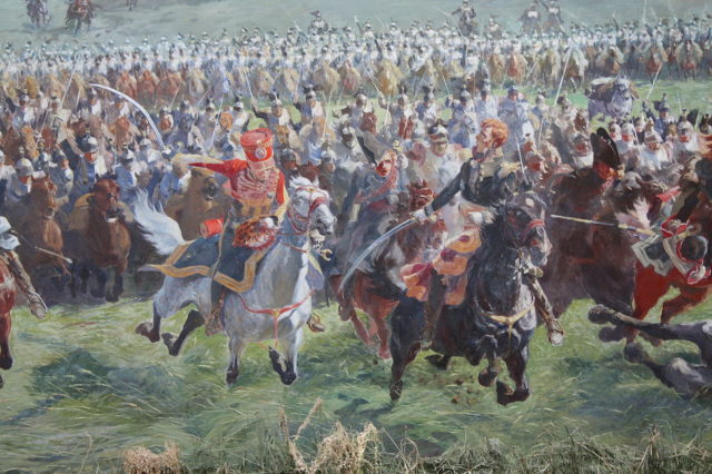Marshall Ney and his staff leading the cavalry charge at Waterloo, one of the defining objects of the Napoleonic Wars.