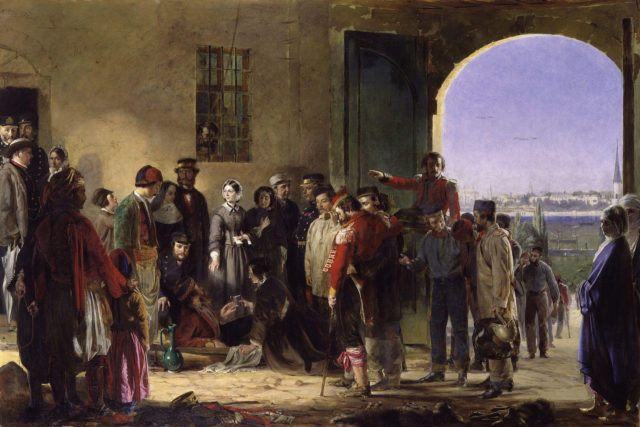 Florence Nightingale (center) in a portrait by Jerry Barrett.