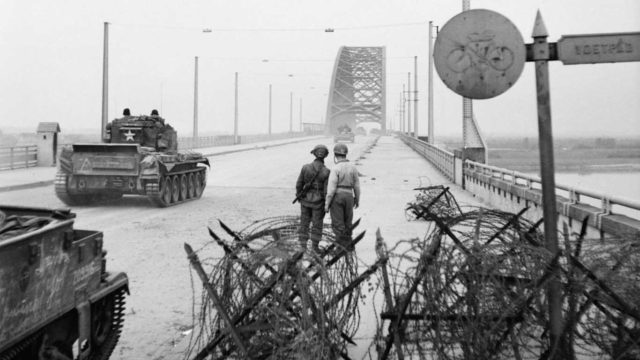 Welsh Guards crossing the bridge at Nijmegen in Holland during Operation ‘Market Garden’