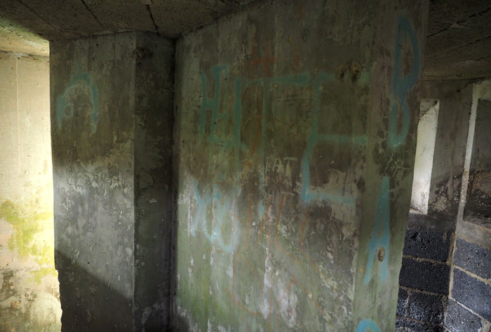 The the central deflection wall at the pillbox at Horton. Pillboxes and other defensive structures on the GHQ Line along the Kennet and Avon Canal Wiltshire. Picture Copyright © www.thetraveltrunk.net