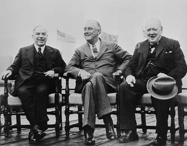 Mackenzie King (left), Franklin D. Roosevelt (center), and Winston Churchill at the Quebec Conference