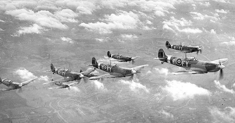 Eight Royal Air Force Supermarine Spitfire Mk 1XB, seen here in 1943 over England.