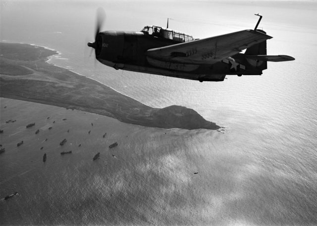 A TBM Avenger on a photo reconnaissance mission at Iwo Jima. 