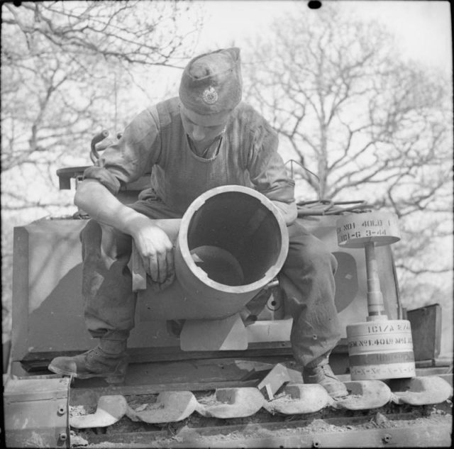 AVRE 290mm Petard Mortar and its ammunition. Photo Credit.